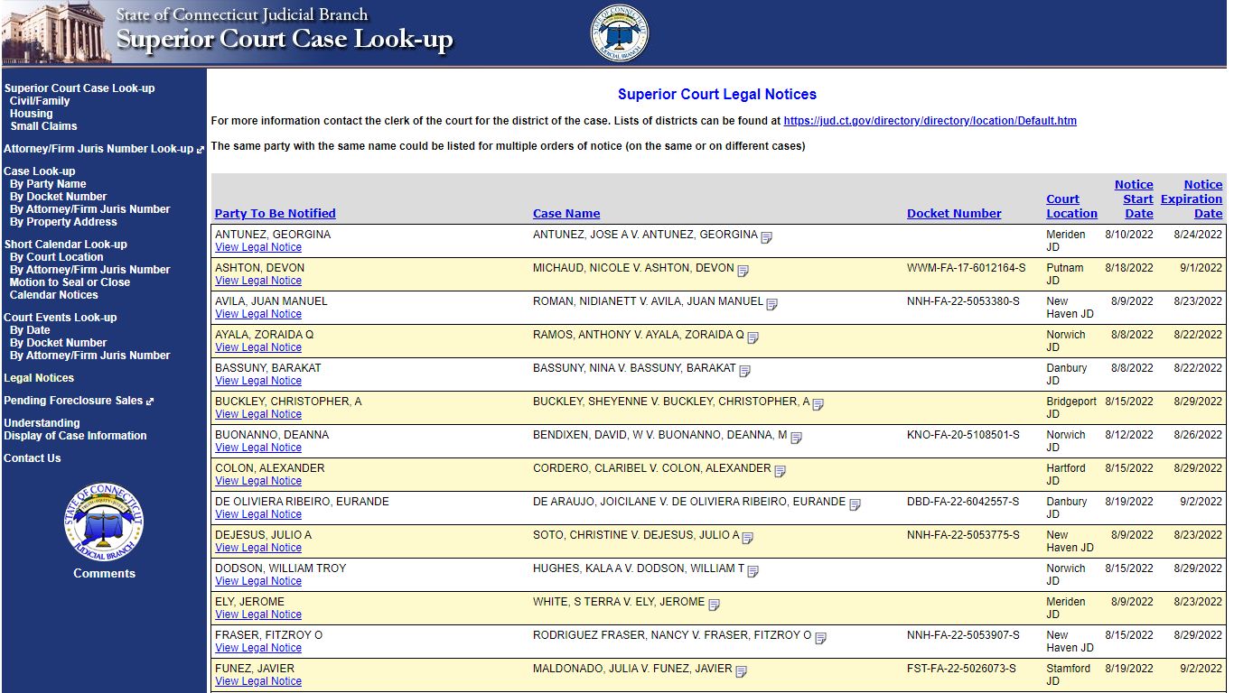 Superior Court Legal Notices - ct